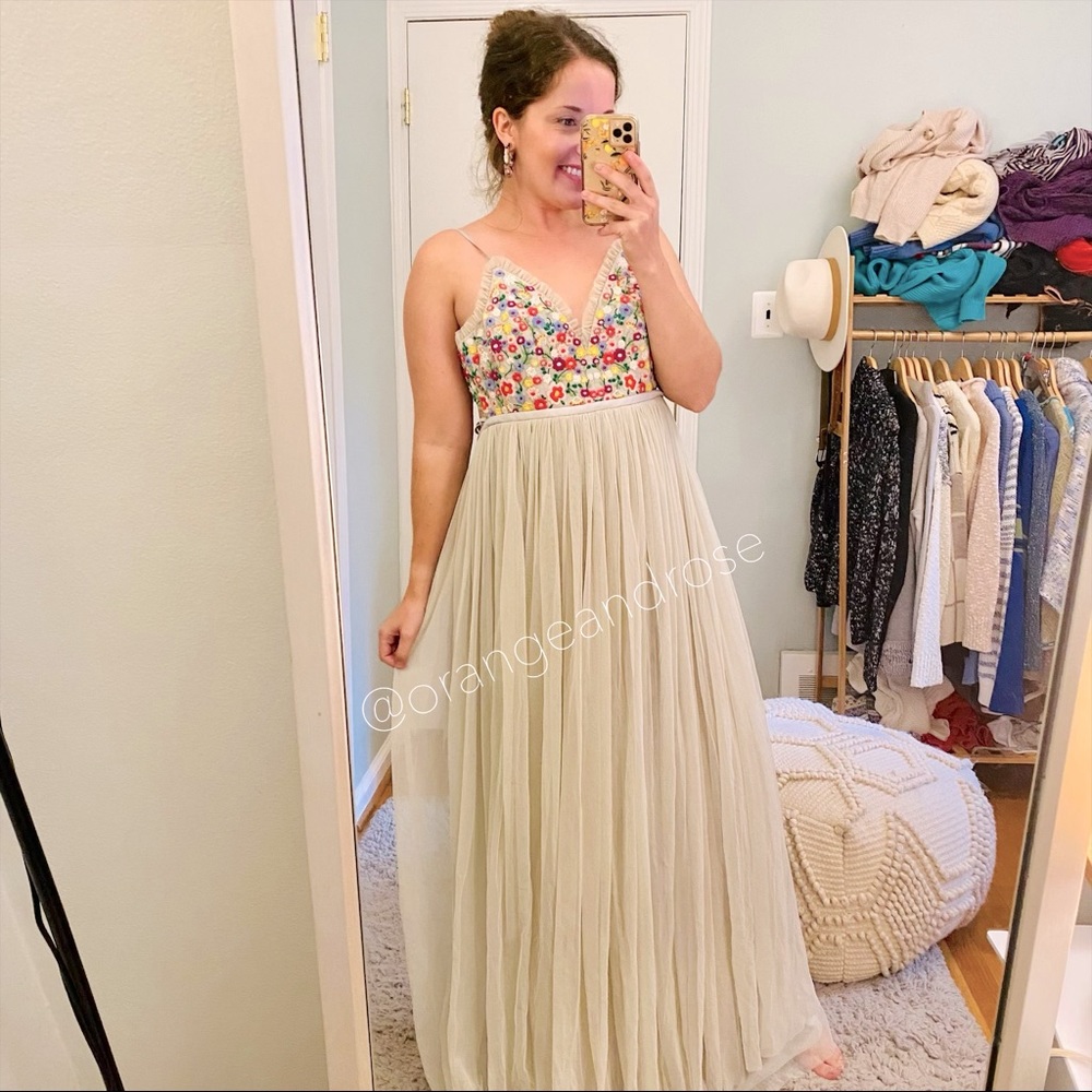 Needle & Thread Gray Rare Multicolored Floral Embroidery Tulle Maxi Dress 2